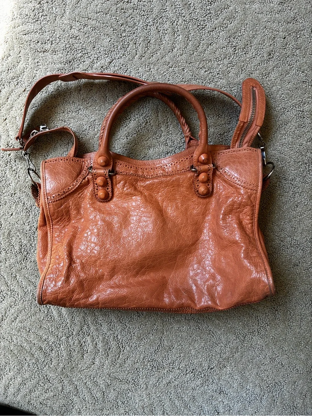 Authentic Balenciaga  City Lace-trimmed Motorcycle Bag– Orange Distressed Leat